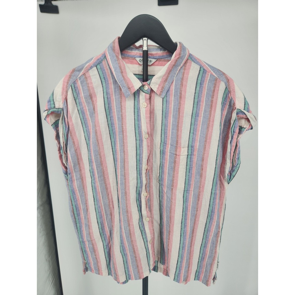 Orvis Classic Collection Linen Blend Striped Short Sleeve Button Up Shirt Pink M